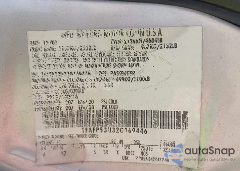 2002 Ford Taurus Se из США, поврежденный, VIN 1FAFP53U32G169446